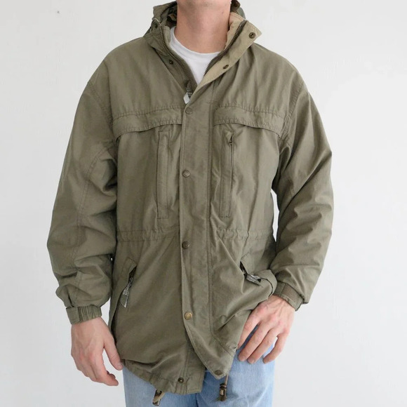 Vintage Northern Elements Olive Green Utility Jacket w/ Hidden Hood Size Small - Picture 1 of 12